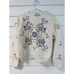 Knitting Needles Vintage Hand Knit Floral Pearl Button Sweater Cream Womens M